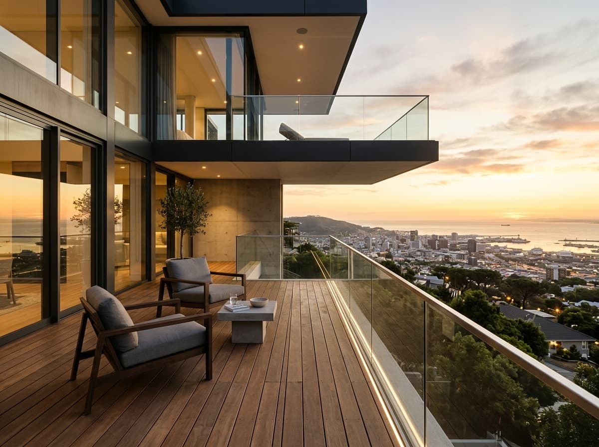 Cantilevered upper-level balcony with timber decking, glass balustrade, and panoramic dusk views.