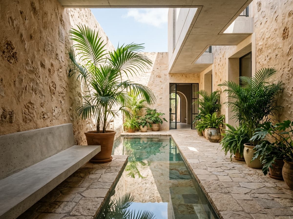 Tranquil internal courtyard with stone paving, water reflection pool, and tropical potted plants.