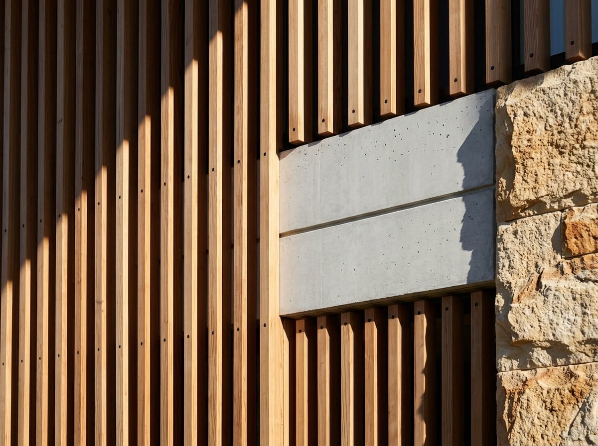 Architectural facade detail showing precision timber louvers, concrete reveals, and natural stone wall.