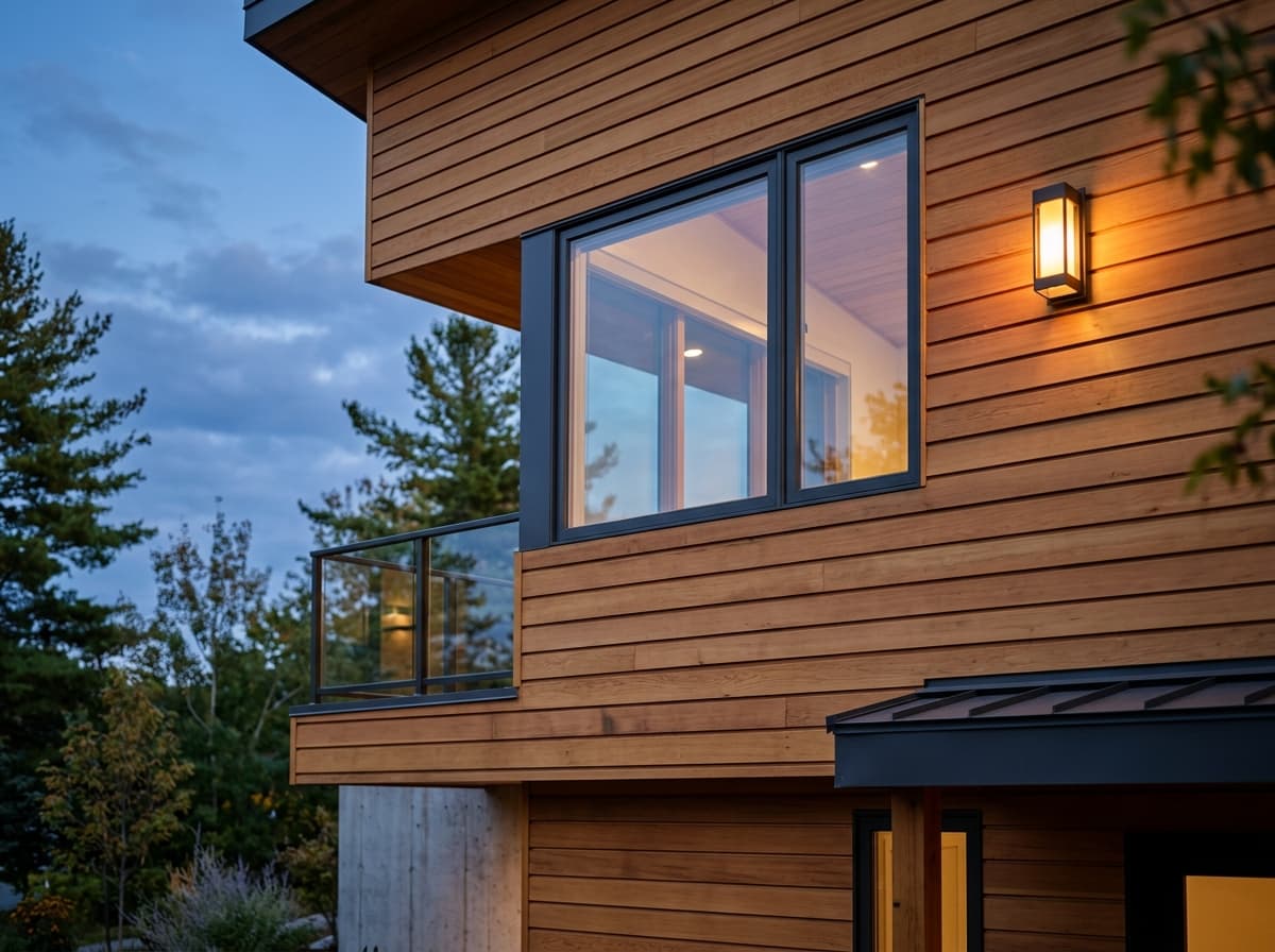 Contemporary cedar siding facade detail with geometric upper window and warm architectural sconce.
