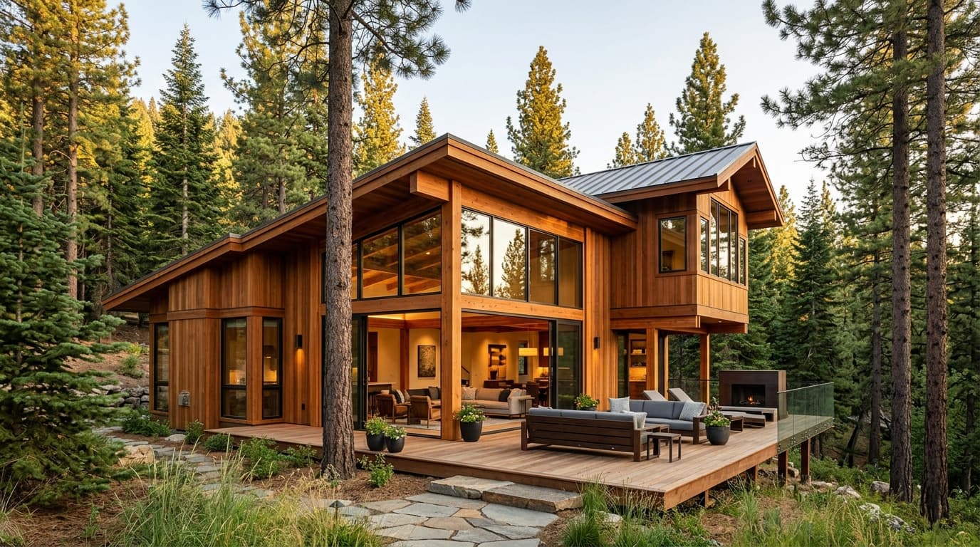 Contemporary timber and glass duplex residence with spacious timber deck and floor-to-ceiling windows.