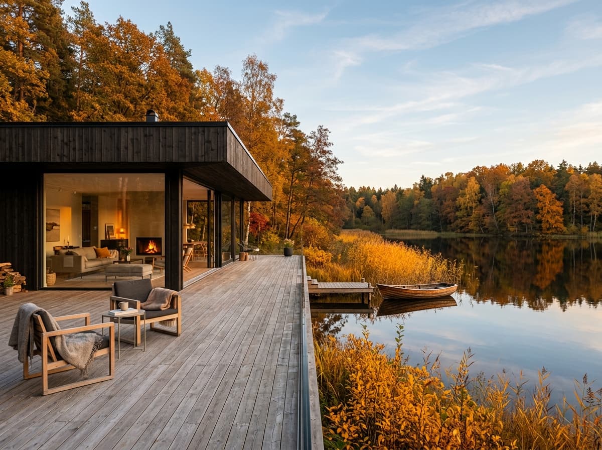 Private lakeside timber terrace with glass corner sliding walls and autumn water reflection.